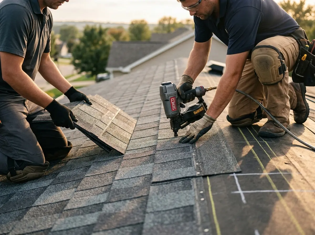 Professional roofer working on a residential roof in East Hemet